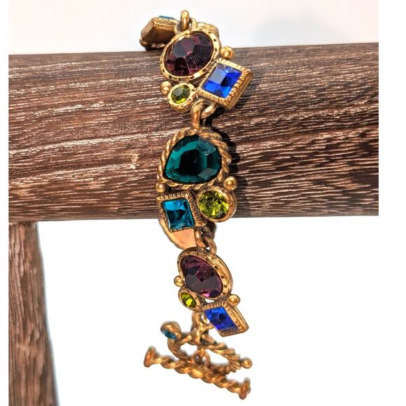 Vintage Multi-Gem Multi-Shape Gold Tone Toggle Clasp 8" Bracelet - Picture 9 of 9